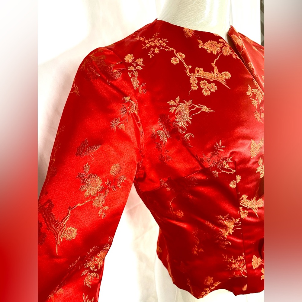 Red & Gold Chinese brocade silky 2-piece pencil dress & cropped jacket size XS - Picture 8 of 16